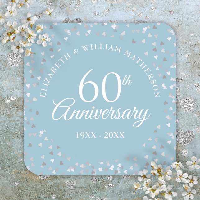 Sticker Carré Cœur de confettis pour script du 60e anniversaire  (60th Anniversary Script Love Hearts Confetti Square Sticker)