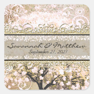 Sticker Carré Cœur de Rose d'Or Arbre à Feuilles Carré Mariage J
