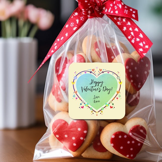 Sticker Carré Coeur de Valentines pour les enfants mignons (Cute Kids Valentines Heart Square Sticker)