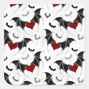 Sticker Carré Coeur d'Halloween avec ailes de chauve-souris noir