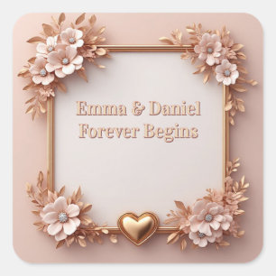 Sticker Carré 💖 Cœur Doré Style de Mariage Floral Printanier au