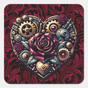 Sticker Carré Coeur et Roses Steampunk