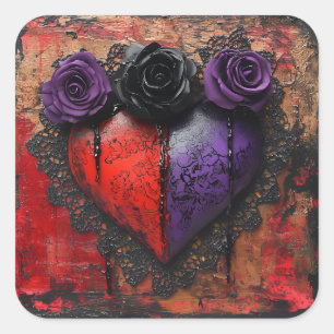 Sticker Carré Coeur gothique rouge et violet avec fleurs