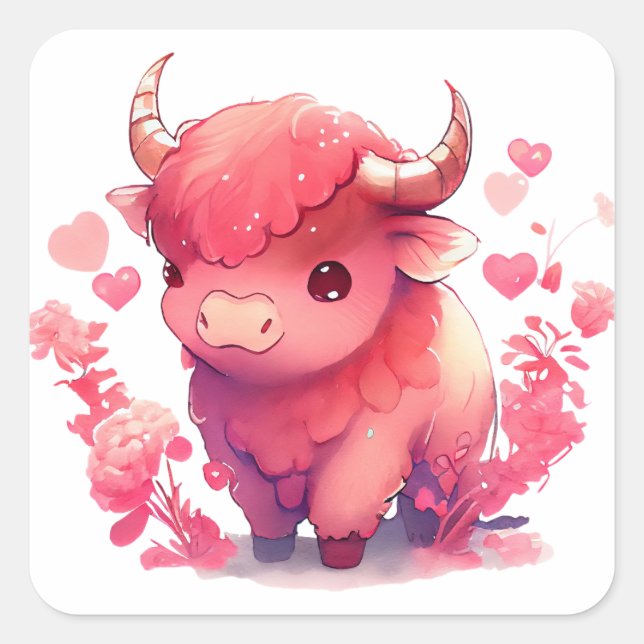 Sticker Carré Cœur Mignon Buffalo Saint-Valentin (Devant)