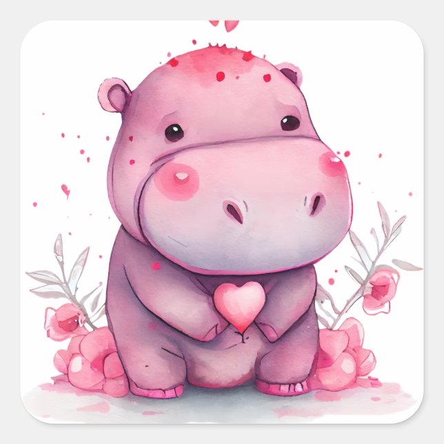 Sticker Carré Cœur Mignon Hippopotame Saint Valentin (Devant)