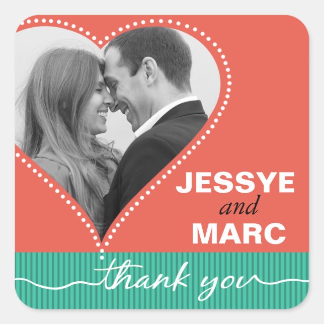 Sticker Carré Coeur pointillé Photo Merci corail jade (Devant)