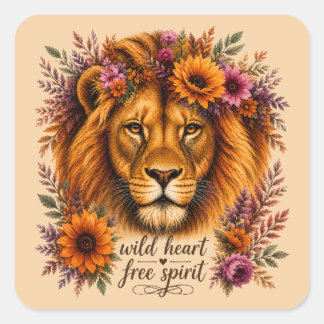 Sticker Carré Cœur Sauvage Esprit Libre Art Boho Floral Lion