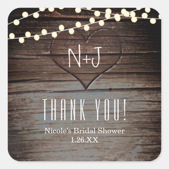 Sticker Carré Coeur sculpté en bois et lumières à cordes Faveur  (Devant)