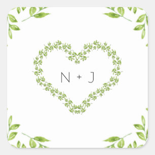 Sticker Carré Cœur Vert Feuilles Mariage Campagnard Chic Végétal