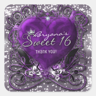 Sticker Carré Cœur Violet et Argent Pailleté Faveur de fête Swee