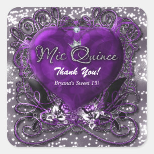 Sticker Carré Cœur Violet et Argent Paillettes Mis Quince 15 Fêt