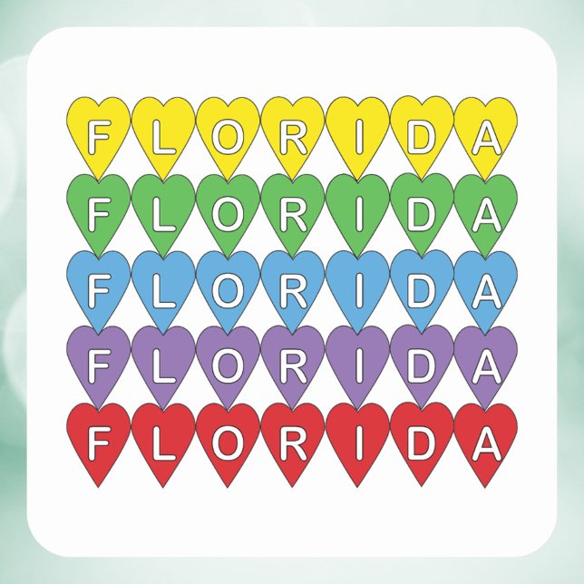 Sticker Carré Cœurs arc-en-ciel de Floride (A sticker that says Florida in a rainbow heart pattern.)