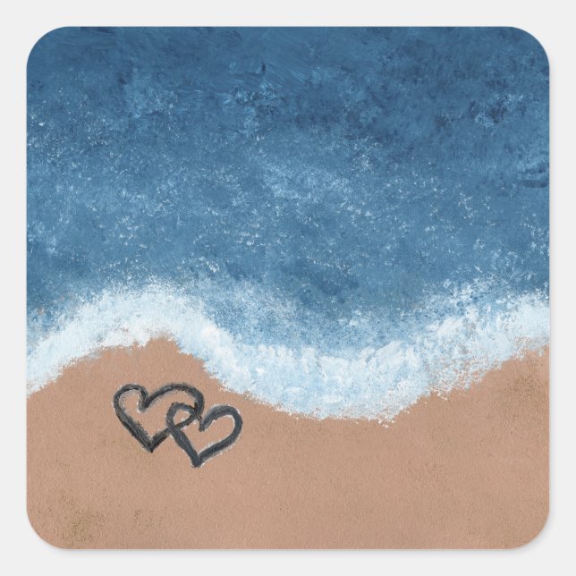 Sticker Carré Cœurs dans le sable au bord de l'océan (Devant)