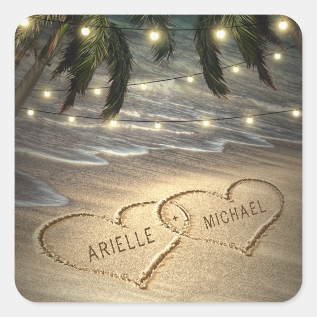 Sticker Carré Coeurs dans le Sand Beach Shore Palm Tree Mariage (Devant)