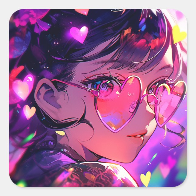 Sticker Carré Coeurs de fille Anime (Devant)