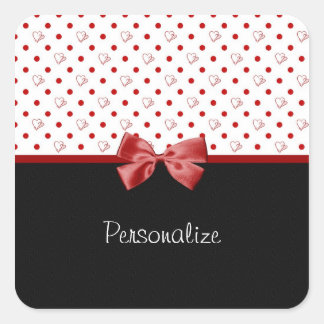 Sticker Carré Coeurs de filles et Pois avec nom