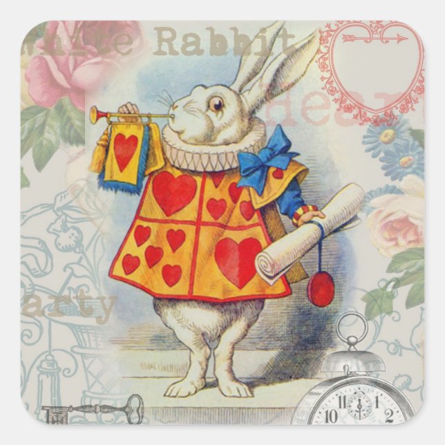 Sticker Carré Cœurs de Lapin Blanc Alice Classique (Devant)