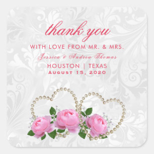 Sticker Carré Cœurs de perle et roses Remerciement de mariage en