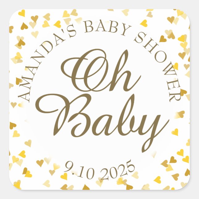 Sticker Carré Coeurs d'or Oh Baby shower Favoriser (Devant)