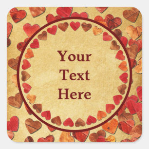 Sticker Carré Coeurs Feuilles Automne Sur Vieux Papier