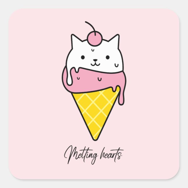 Sticker Carré Coeurs fondus - Chat à la crème glacée d'été (Devant)