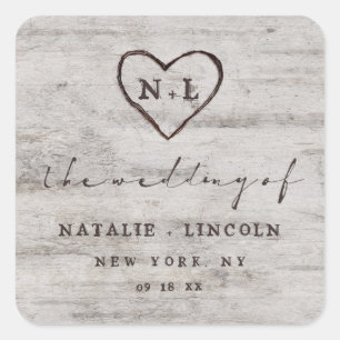 Sticker Carré Cœurs Gravés Mariage Monogramme en Bouleau Rustiqu