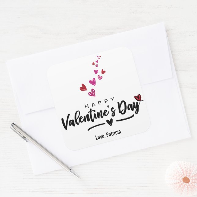 Sticker Carré Coeurs griffés Saint-Valentin Script Red Pink (Enveloppe)