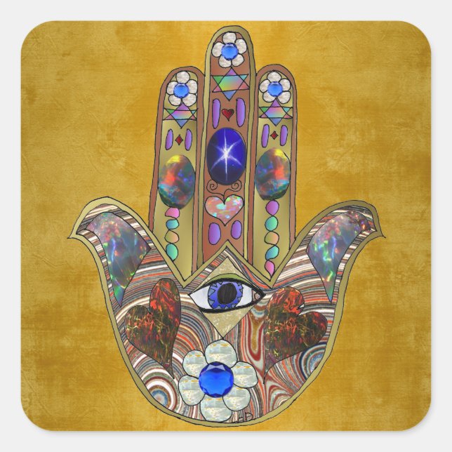 Sticker Carré Cœurs Hamsa Fleurs Opale Art sur Or (Devant)