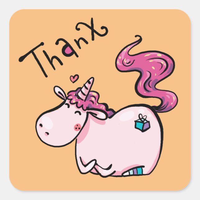 Sticker Carré cœurs mignons licorne rose merci (Devant)
