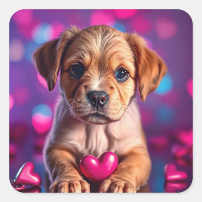 Sticker Carré Coeurs roses chiots (Devant)