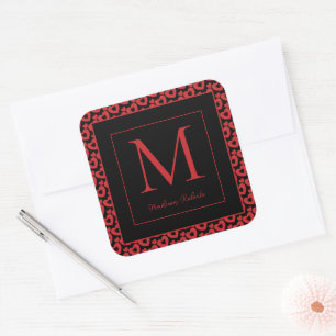 Sticker Carré Coeurs rouges et noirs Monogramme personnalisé