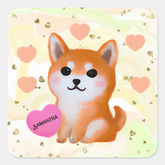 Sticker Carré Coeurs Shiba Inu mignons | Pour Amoureux des chien (Devant)