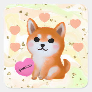 Sticker Carré Coeurs Shiba Inu mignons Pour Amoureux des chien