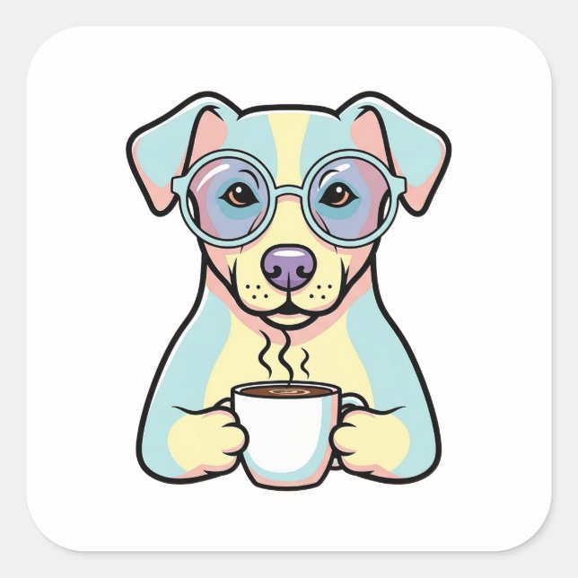 Sticker Carré Coffee Dog with Glasses – Cute Whimsical Illustrat (Devant)