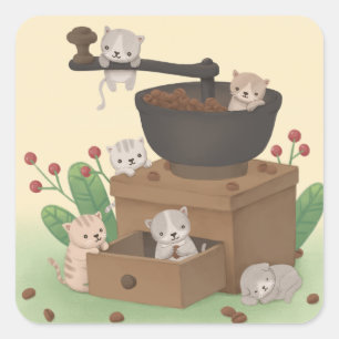 Sticker Carré Coffee Grinder & Kittens Illustration
