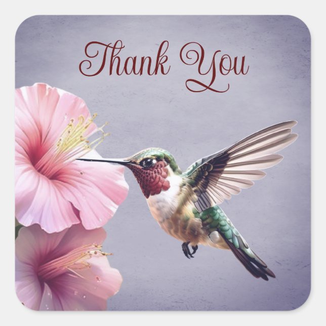 Sticker Carré Colibri et Hibiscus | Merci pourpre (Devant)