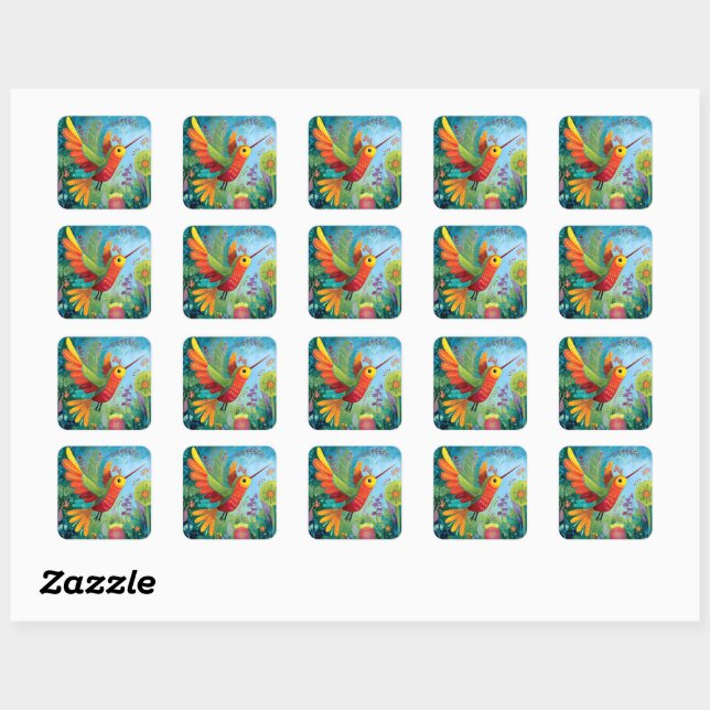 Sticker Carré Colibri œuvre d'art colorée (Feuille)