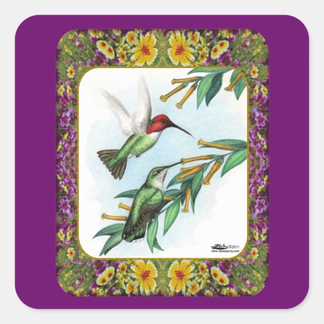 Sticker Carré Colibris et Fleurs #4 (Devant)