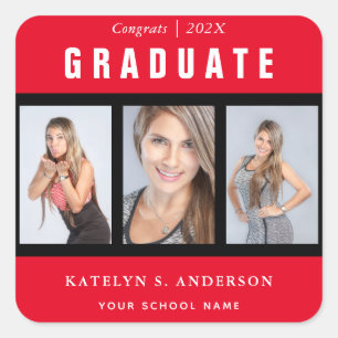 Sticker Carré Collage photo de graduation rouge et noire personn