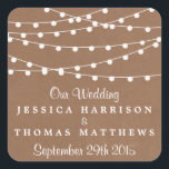 Sticker Carré Collection de Mariages Rustic Kraft<br><div class="desc">Simple mais élégant, les lampes à cordes de la collection rustique Kraft mariage est un design époustouflant avec de belles lumières à cordes blanches suspendues sur un arrière - plan à effet Kraft, qui est parfait pour toute célébration mariage rustique. Ces autocollants peuvent être personnalisés pour votre occasion spéciale et...</div>