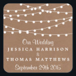 Sticker Carré Collection de Mariages Rustic Kraft<br><div class="desc">Simple mais élégant, les lampes à cordes de la collection rustique Kraft mariage est un design époustouflant avec de belles lumières à cordes blanches suspendues sur un arrière - plan à effet Kraft, qui est parfait pour toute célébration mariage rustique. Ces autocollants peuvent être personnalisés pour votre occasion spéciale et...</div>
