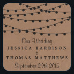 Sticker Carré Collection de Mariages Rustic Kraft<br><div class="desc">Simple mais élégant, les lampes à cordes de la collection rustique Kraft mariage est un design époustouflant avec de belles lumières à cordes blanches suspendues sur un arrière - plan à effet Kraft, qui est parfait pour toute célébration mariage rustique. Ces autocollants peuvent être personnalisés pour votre occasion spéciale et...</div>