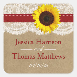 Sticker Carré Collection Kraft, dentelle et tournesol - Rouge