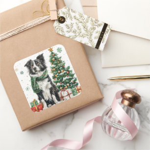 Sticker Carré Collie frontalier avec Écharpe festive par arbre d