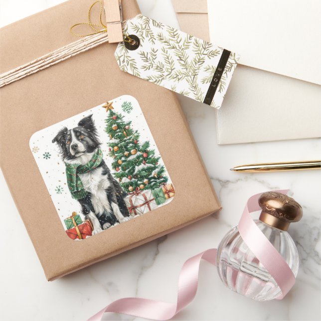 Sticker Carré Collie frontalier avec Écharpe festive par arbre d (Cadeaux)