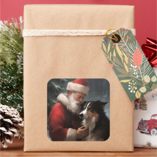 Sticker Carré Collie frontalier avec Noël Festif du Père Noël