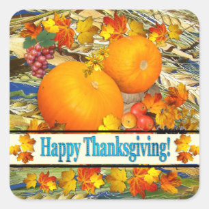 Sticker Carré Coloré Produire & Feuilles automne Bon thanksgivin