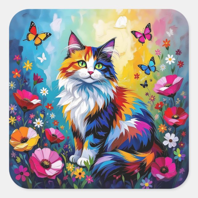 Sticker Carré Colorful Impasto Cat, Flowers and Butterflies (Devant)
