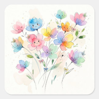 Sticker Carré Colorful Kawaii Smiling Flowers Bunch