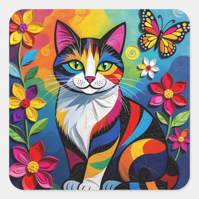 Sticker Carré Colorful Paper Cat, Flowers and Butterflies (Devant)